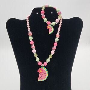 Girls Necklace and Bracelet Set Summer Pastel Beads Watermelon Pendant New